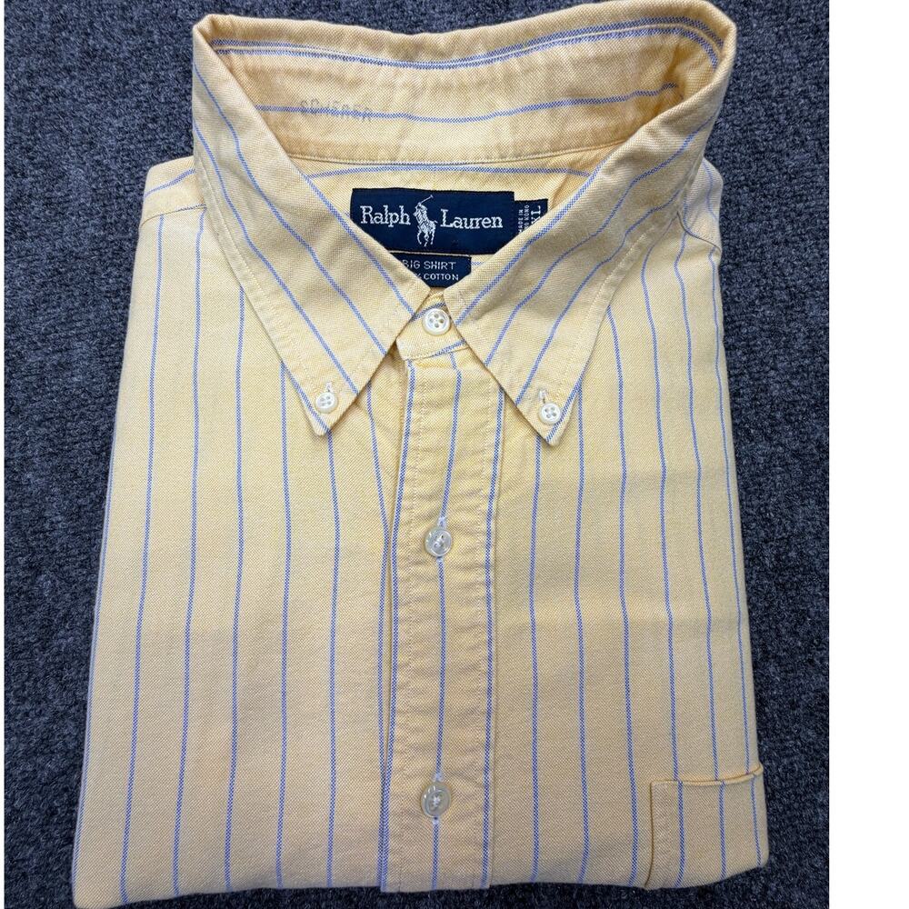 Vintage Ralph Lauren Big Shirt XXL Yellow Stripe Hong Kong Cotton Heavy BOXY - Picture 6 of 7